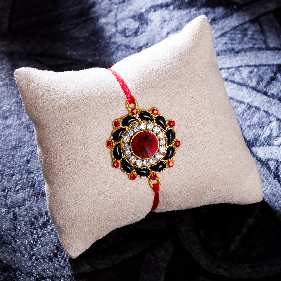 Sukkhi Delicate Gold Plated Floral Rakhi with Roli Chawal and Raksha Bandhan Greeting Card For Men