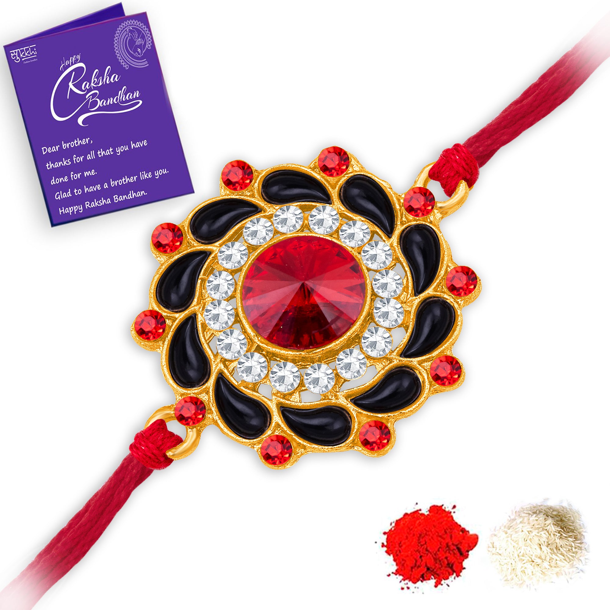 Sukkhi Delicate Gold Plated Floral Rakhi with Roli Chawal and Raksha Bandhan Greeting Card For Men