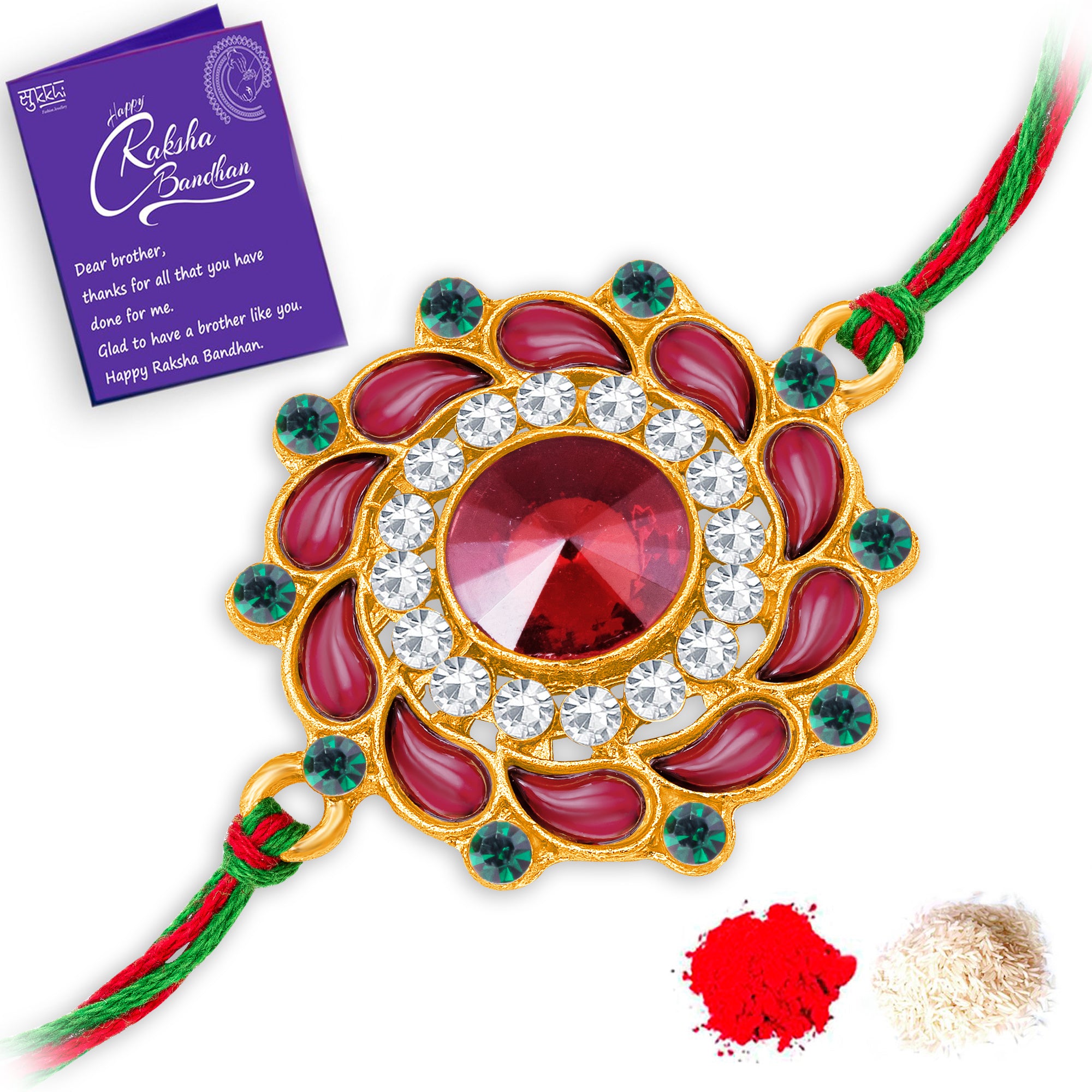 Sukkhi Glitzy Gold Plated Floral Rakhi with Roli Chawal and Raksha Bandhan Greeting Card For Men
