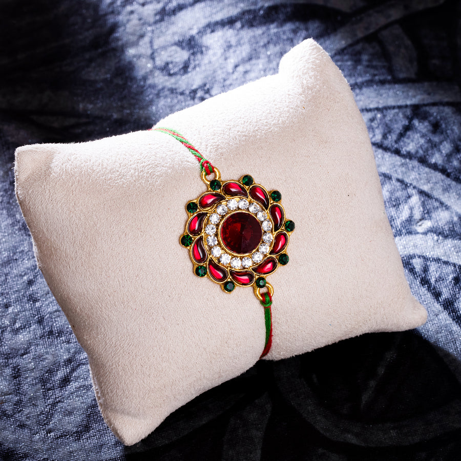 Sukkhi Glitzy Gold Plated Floral Rakhi with Roli Chawal and Raksha Bandhan Greeting Card For Men