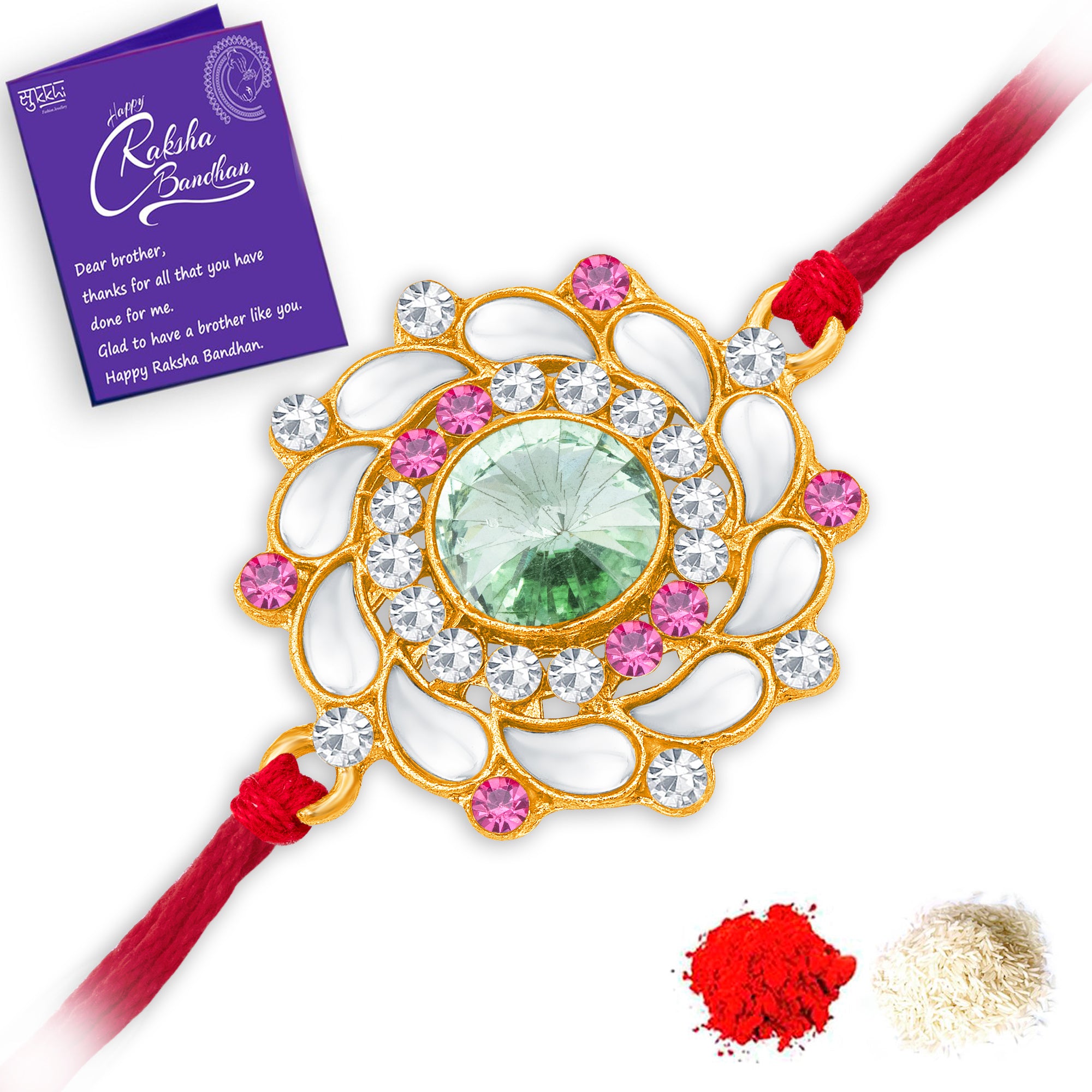Sukkhi Glimmery Gold Plated Floral Kundan Rakhi with Roli Chawal and Raksha Bandhan Greeting Card For Men