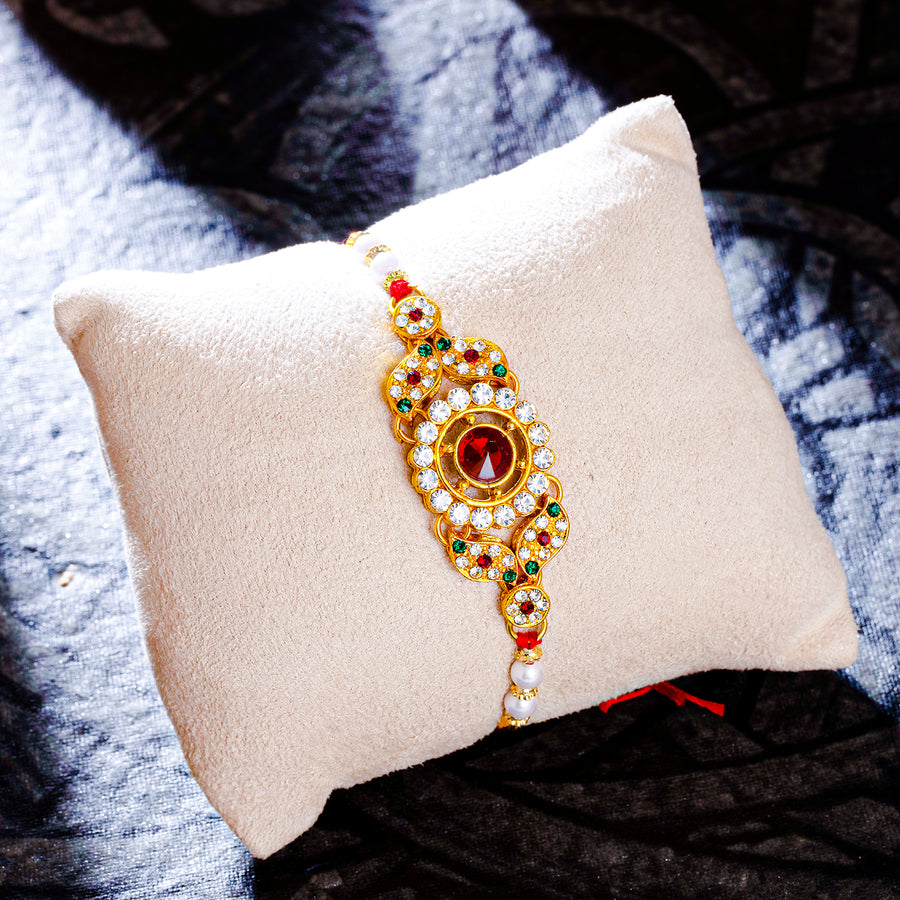 Sukkhi Fancy Gold Plated Rakhi with Roli Chawal and Raksha Bandhan Greeting Card For Men