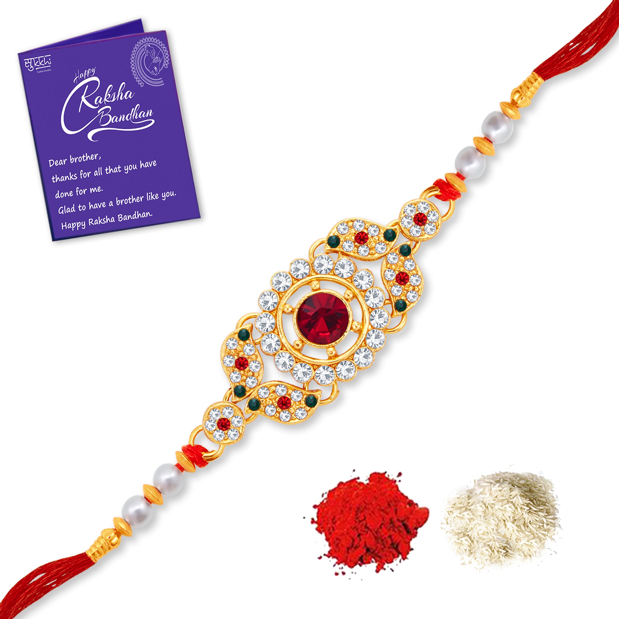 Sukkhi Fancy Gold Plated Rakhi with Roli Chawal and Raksha Bandhan Greeting Card For Men