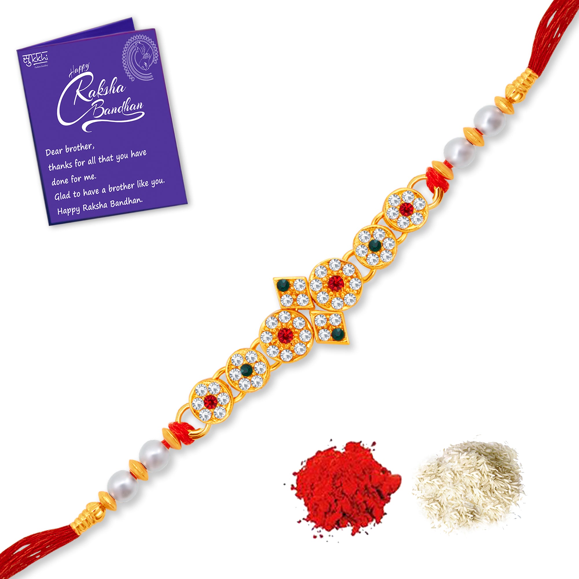 Sukkhi Fashionable Gold Plated Rakhi with Roli Chawal and Raksha Bandhan Greeting Card For Men