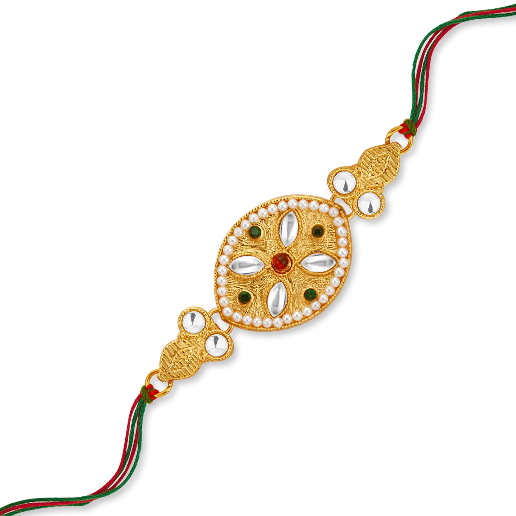 Sukkhi Glossy Gold Plated Kundan Rakhi with Roli Chawal and Raksha Bandhan Greeting Card For Men