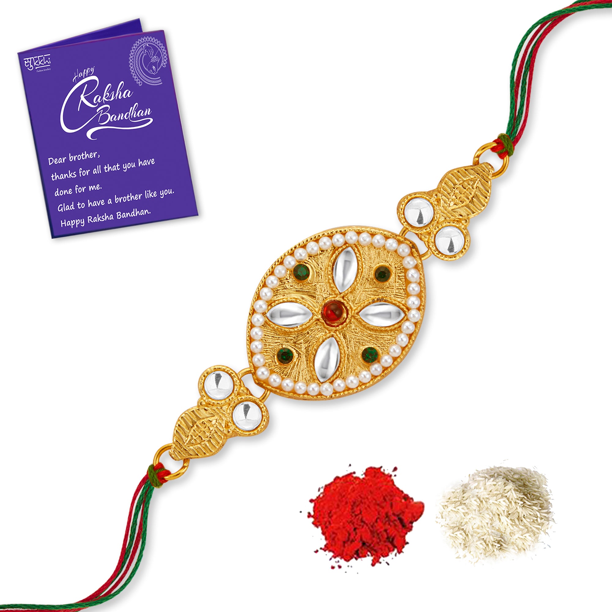 Sukkhi Glossy Gold Plated Kundan Rakhi with Roli Chawal and Raksha Bandhan Greeting Card For Men