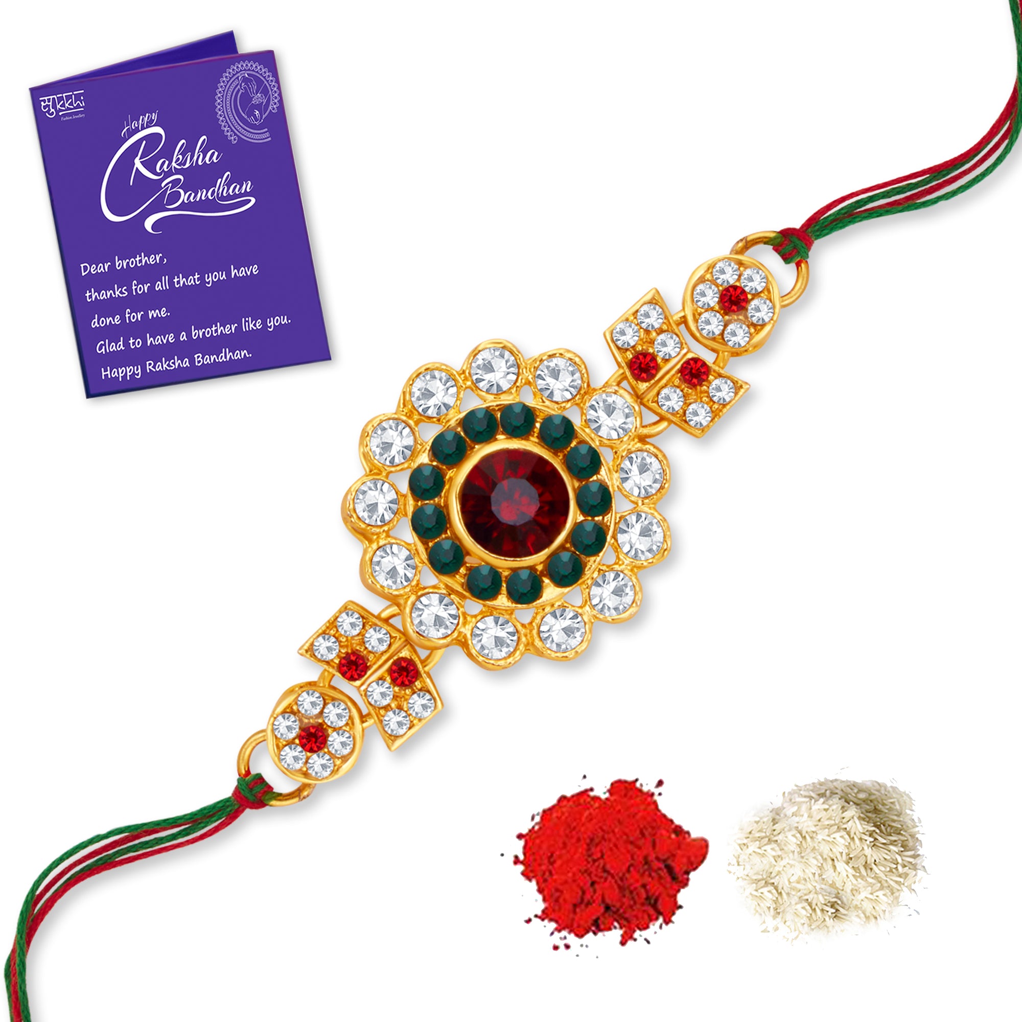 Sukkhi Lavish Gold Plated Floral Rakhi with Roli Chawal and Raksha Bandhan Greeting Card For Men
