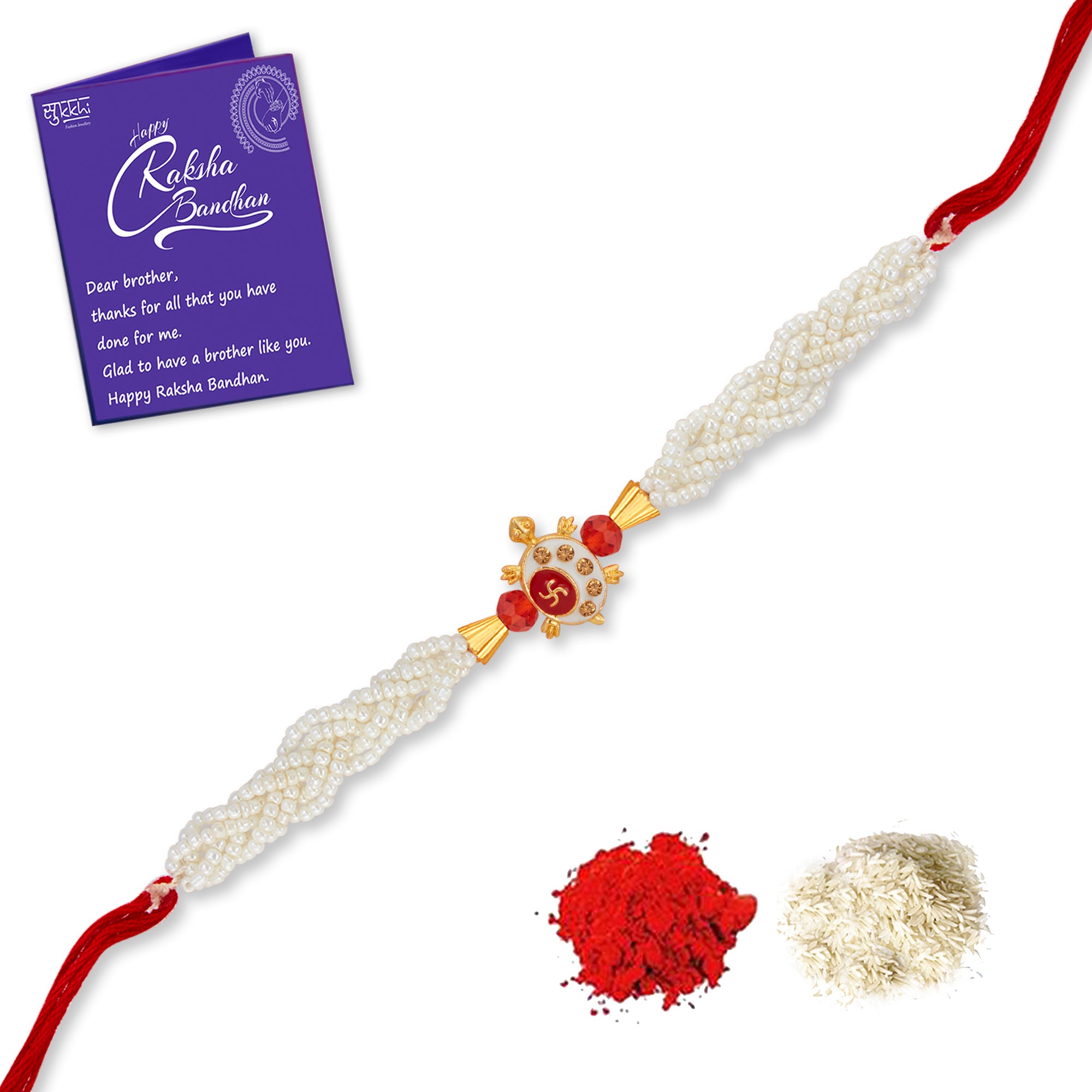 Sukkhi Ethnic Gold Plated Beads Ball Rakhi with Roli Chawal and Raksha Bandhan Greeting Card For Men