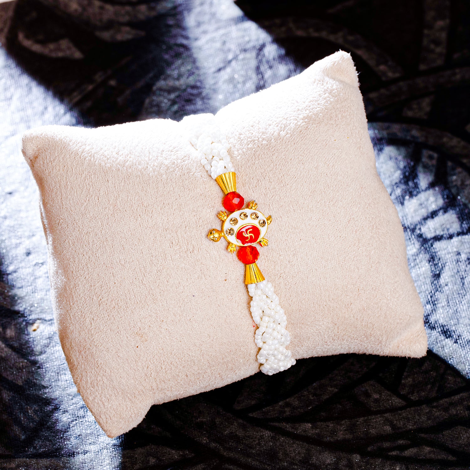 Sukkhi Ethnic Gold Plated Beads Ball Rakhi with Roli Chawal and Raksha Bandhan Greeting Card For Men