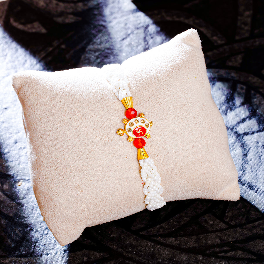 Sukkhi Ethnic Gold Plated Beads Ball Rakhi with Roli Chawal and Raksha Bandhan Greeting Card For Men