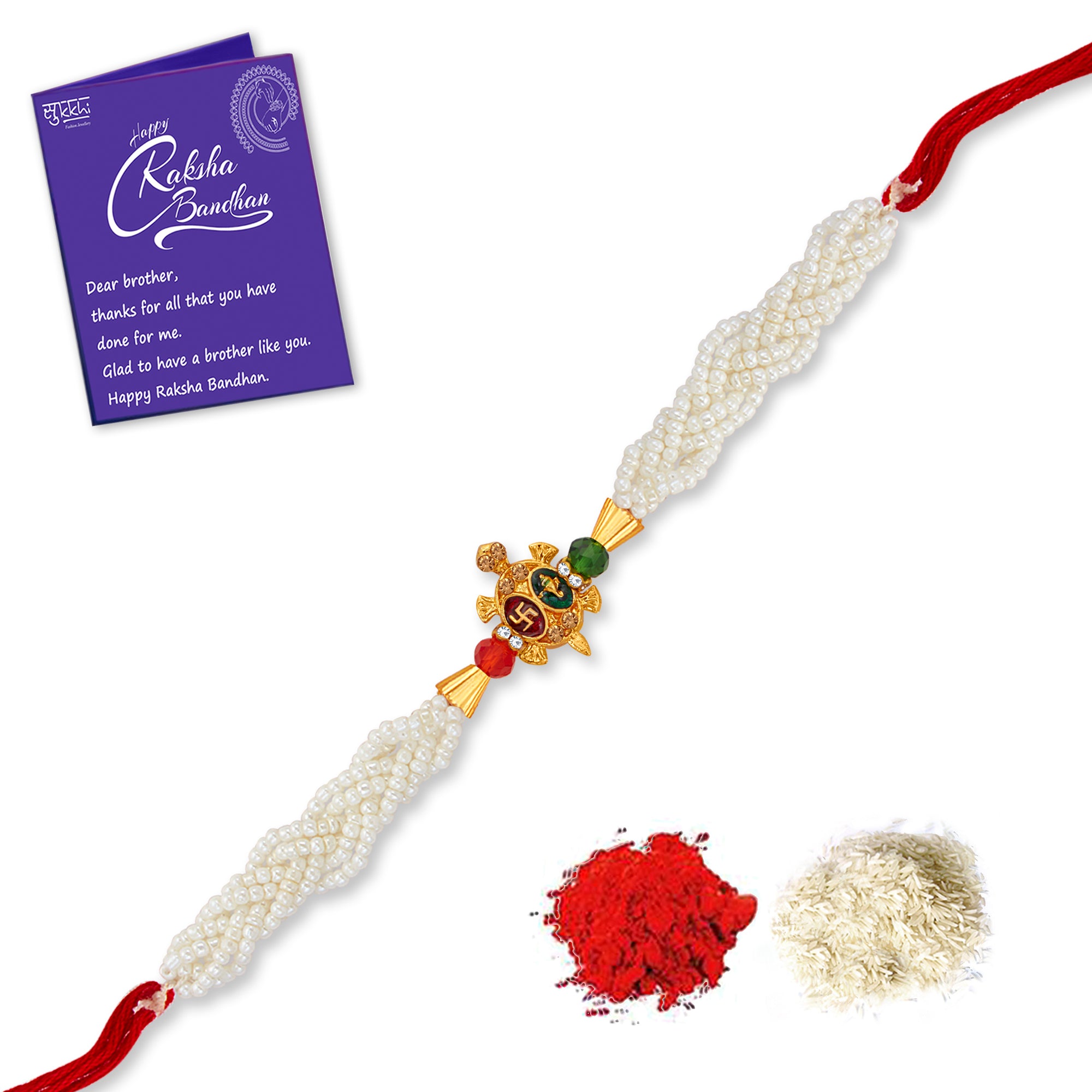 Sukkhi Glorious Gold Plated Turtle Rakhi with Roli Chawal and Raksha Bandhan Greeting Card For Men