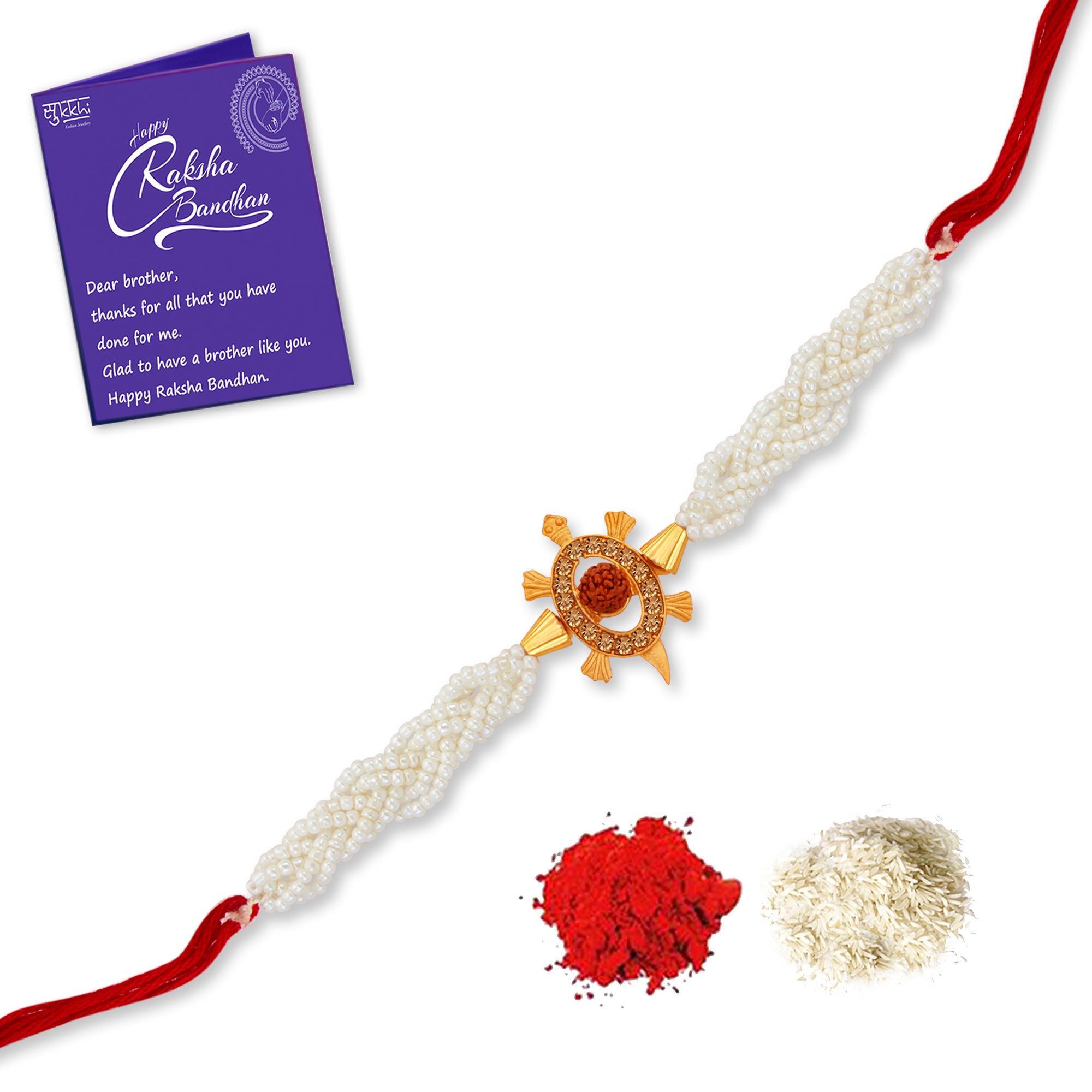 Sukkhi Ethnic Gold Plated Turtle Rudraksha Rakhi with Roli Chawal and Raksha Bandhan Greeting Card For Men