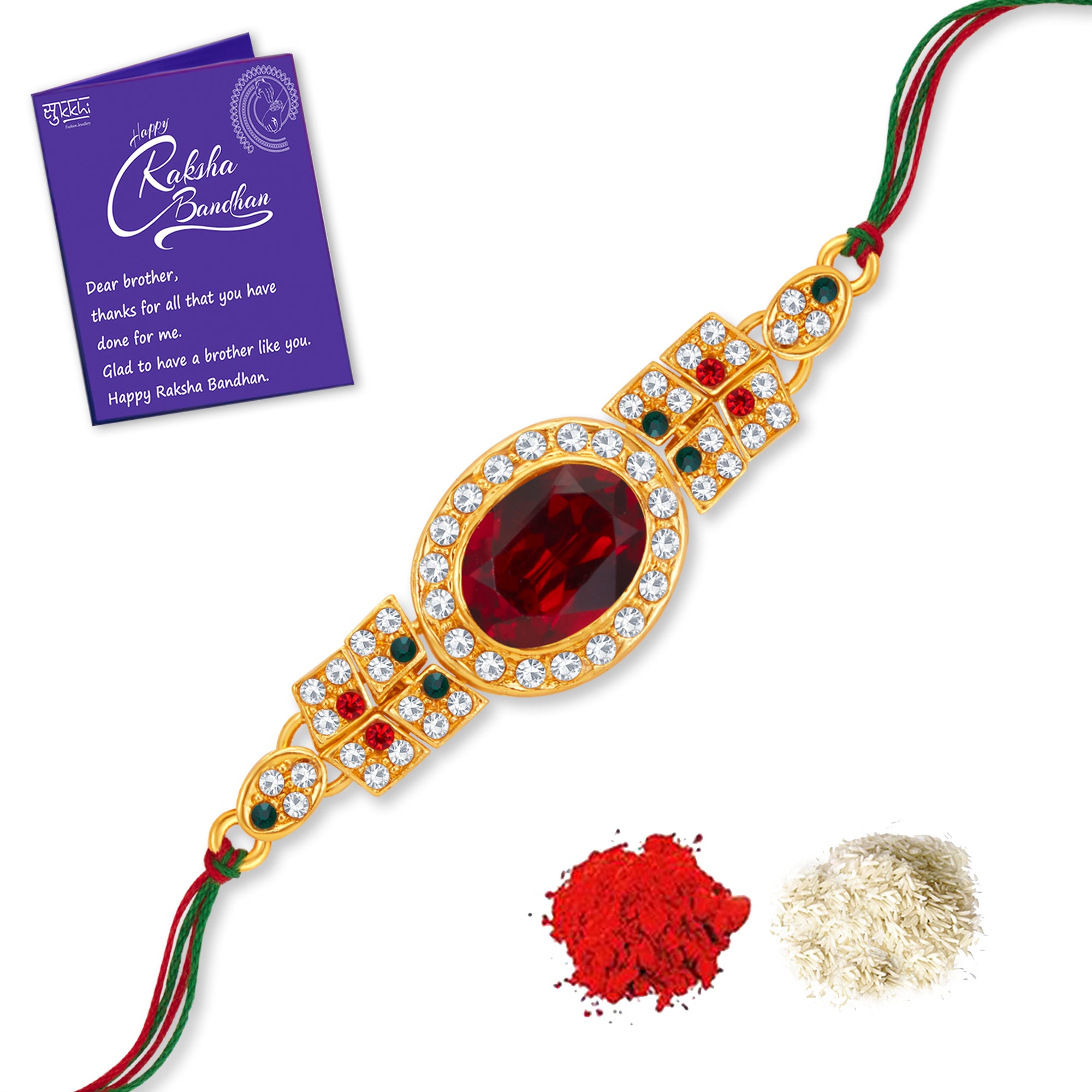 Sukkhi Glitzy Gold Plated Rakhi with Roli Chawal and Raksha Bandhan Greeting Card For Men