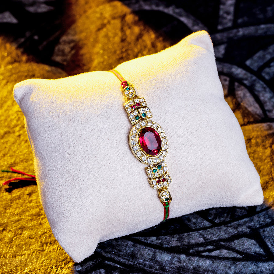 Sukkhi Glitzy Gold Plated Rakhi with Roli Chawal and Raksha Bandhan Greeting Card For Men