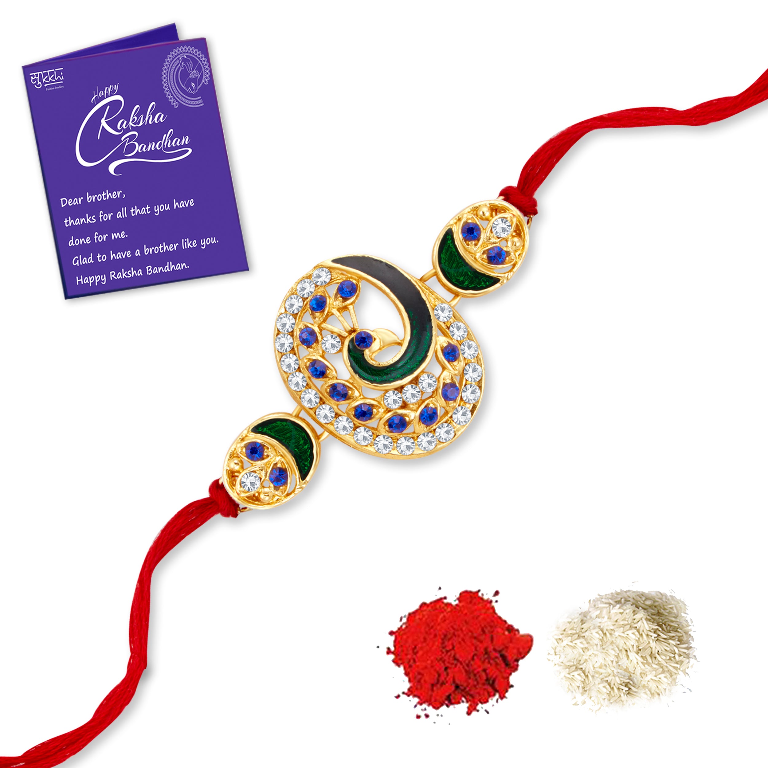Sukkhi Lovley Gold Plated Peacock Meenakari Rakhi with Roli Chawal and Raksha Bandhan Greeting Card For Men