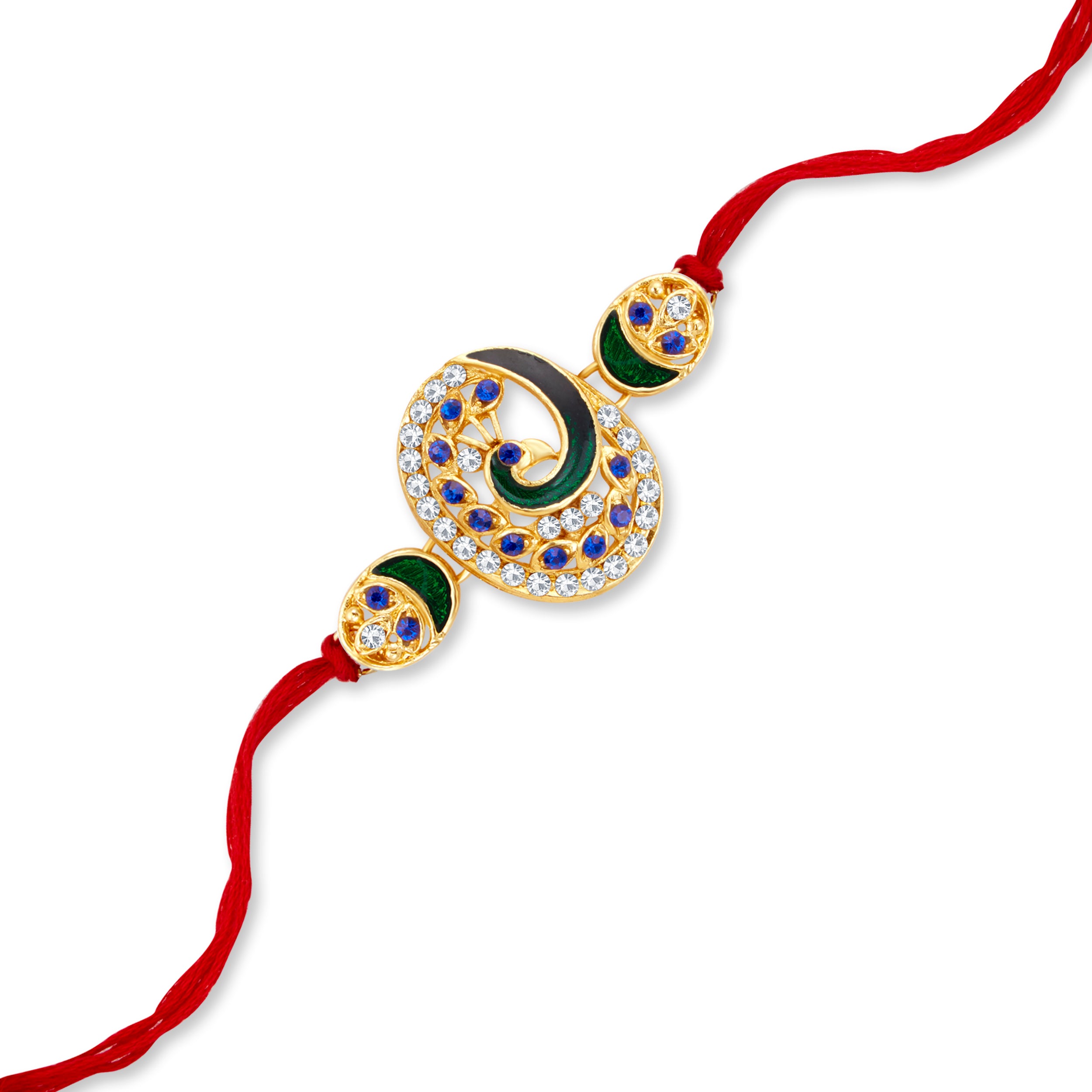 Sukkhi Lovley Gold Plated Peacock Meenakari Rakhi with Roli Chawal and Raksha Bandhan Greeting Card For Men