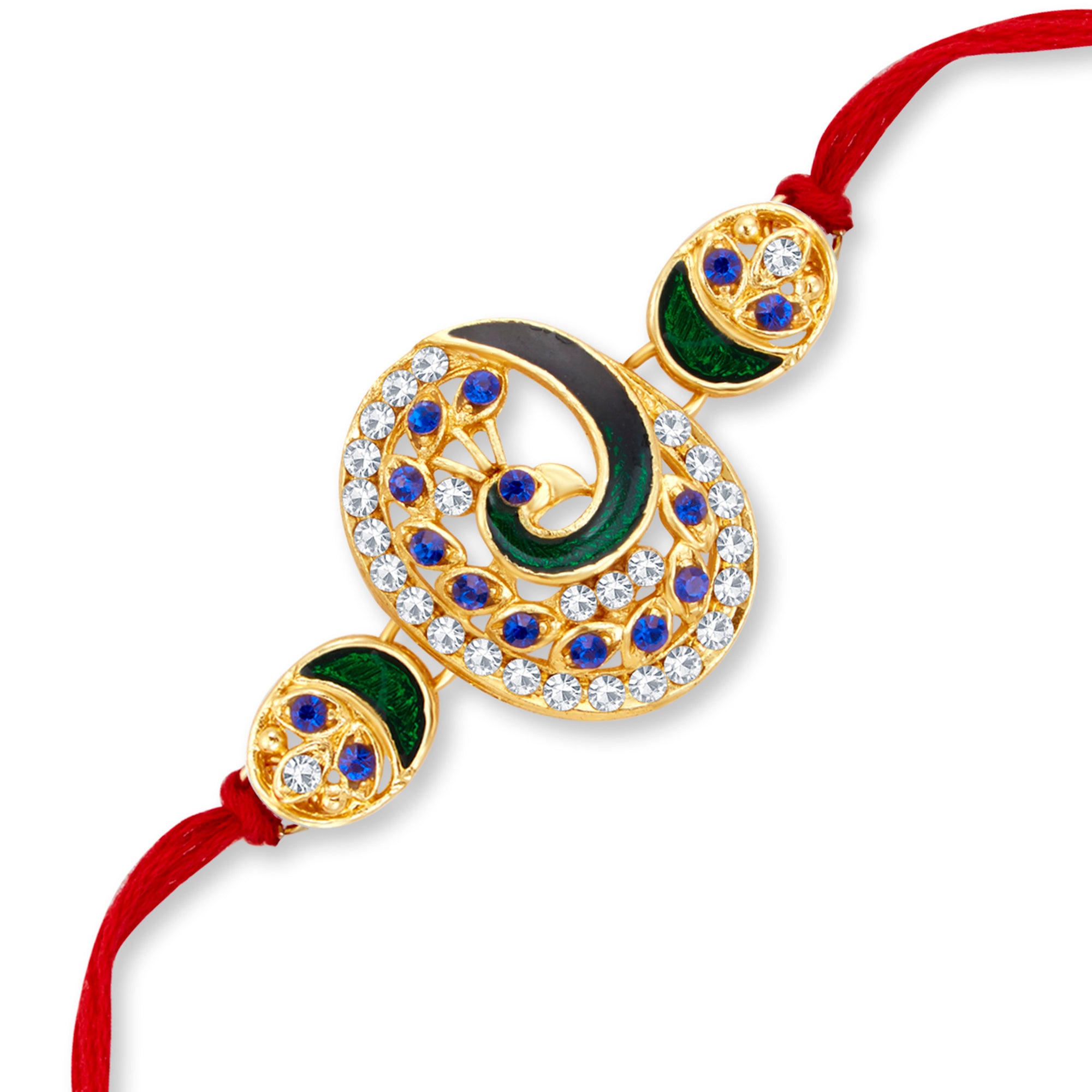 Sukkhi Lovley Gold Plated Peacock Meenakari Rakhi with Roli Chawal and Raksha Bandhan Greeting Card For Men