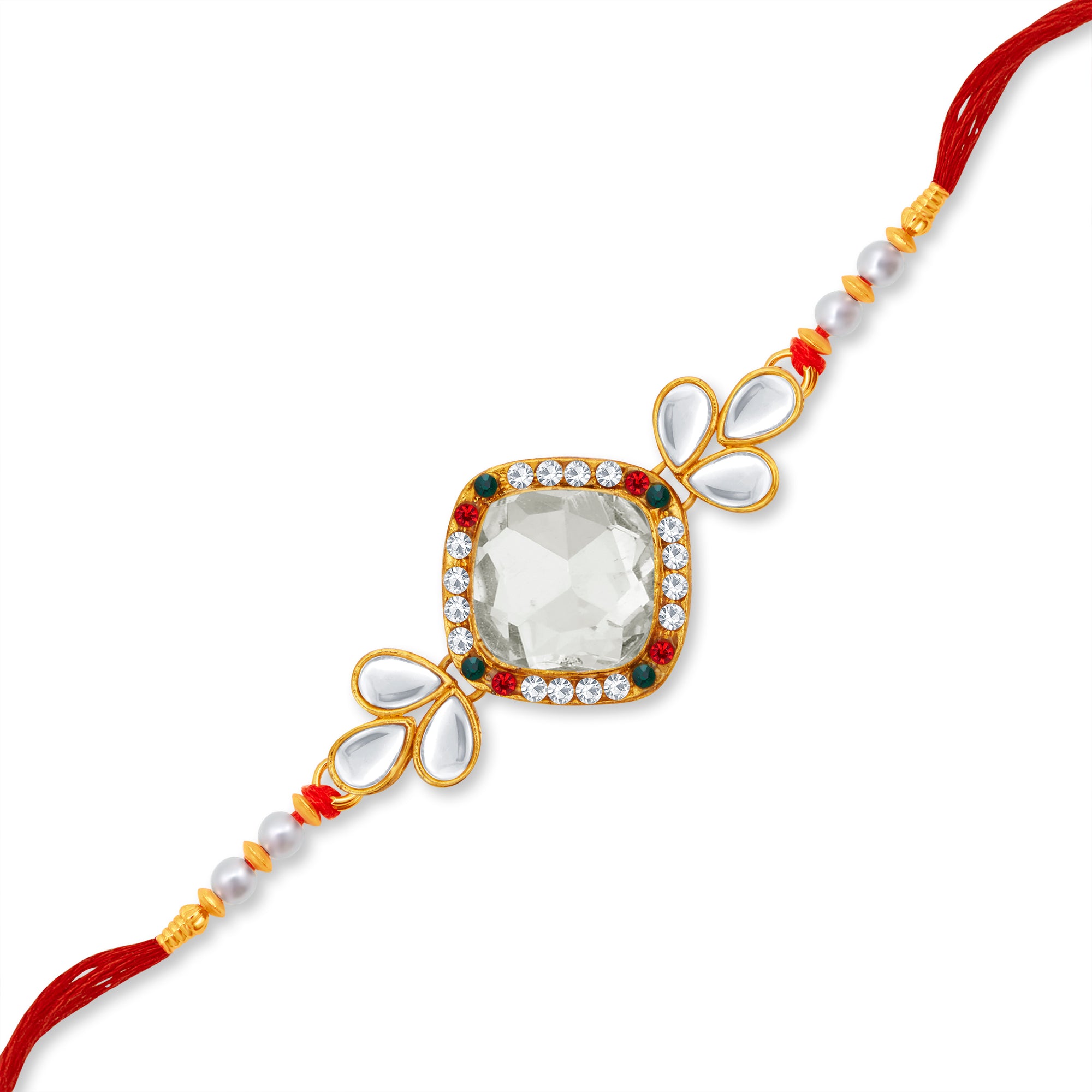 Sukkhi Delightful Gold Plated Kundan Rakhi with Roli Chawal and Raksha Bandhan Greeting Card For Men