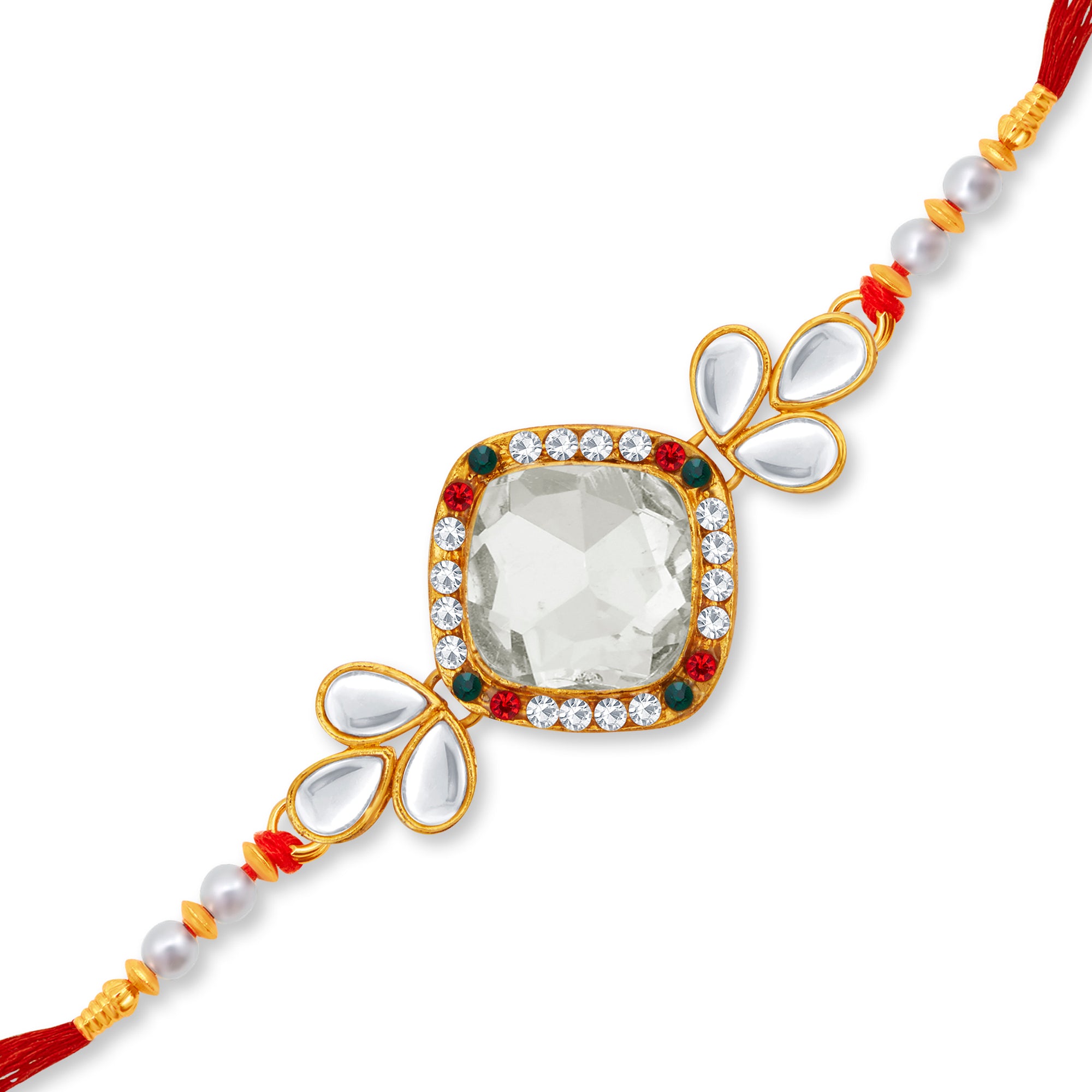 Sukkhi Delightful Gold Plated Kundan Rakhi with Roli Chawal and Raksha Bandhan Greeting Card For Men