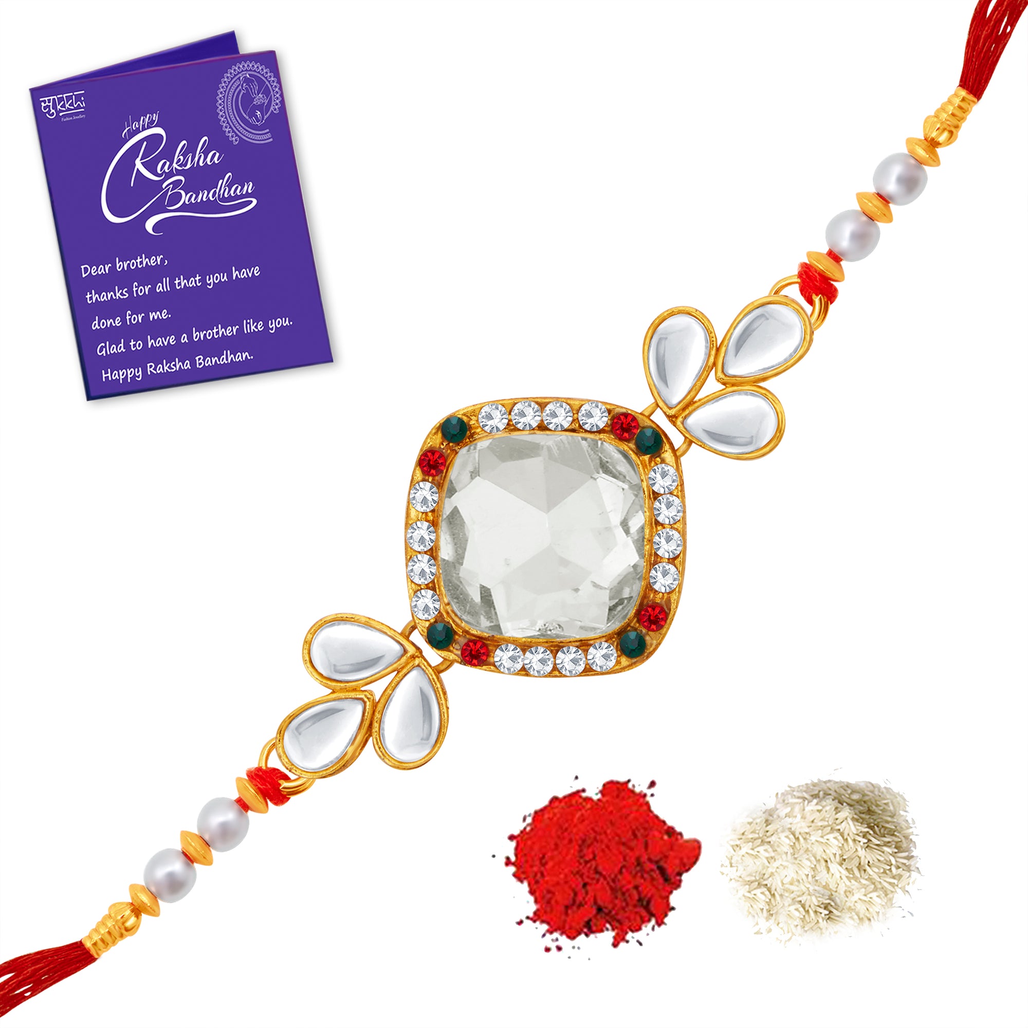 Sukkhi Delightful Gold Plated Kundan Rakhi with Roli Chawal and Raksha Bandhan Greeting Card For Men