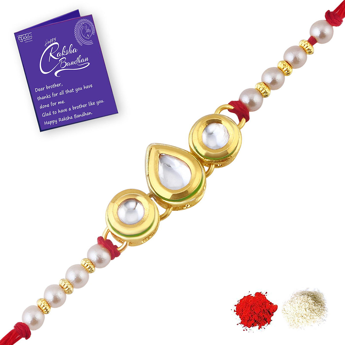 Set Of 4 Handmade Wooden Bro Rakhi For Brother - Rakshabandhan Gift With Roli & Chawal, Pearl & Metal Design - View #8