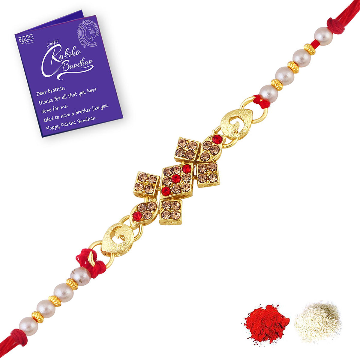 Sukkhi Lavish Gold Plated Rakhi with Roli Chawal and Raksha Bandhan Greeting Card For Men