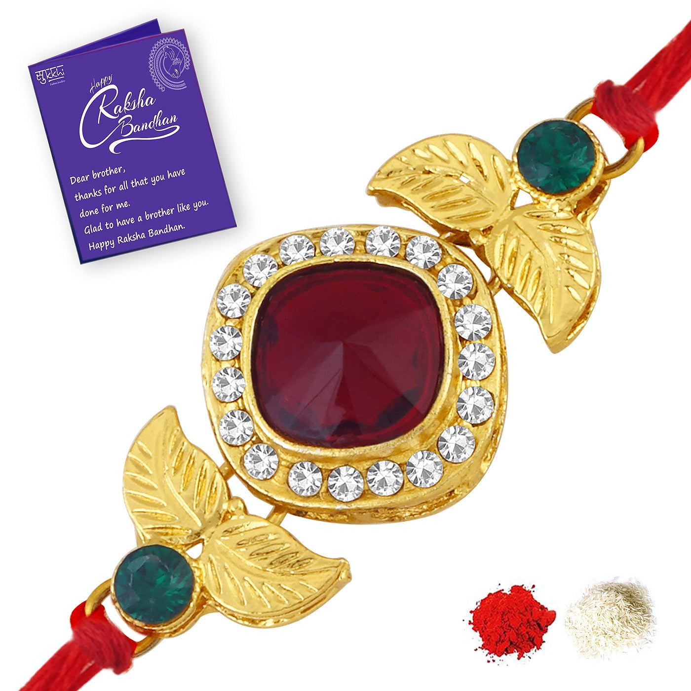 Sukkhi Splendid Gold Plated Pearl Rakhi Combo (Set of 3) with Roli Chawal and Raksha Bandhan Greeting Card For Men