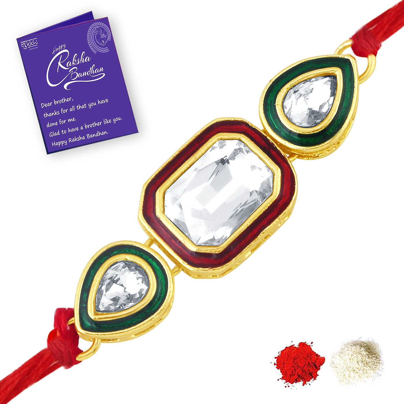Sukkhi Glorious Gold Plated Austrian Diamond Rakhi Combo (Set of 3) with Roli Chawal and Raksha Bandhan Greeting Card For Men