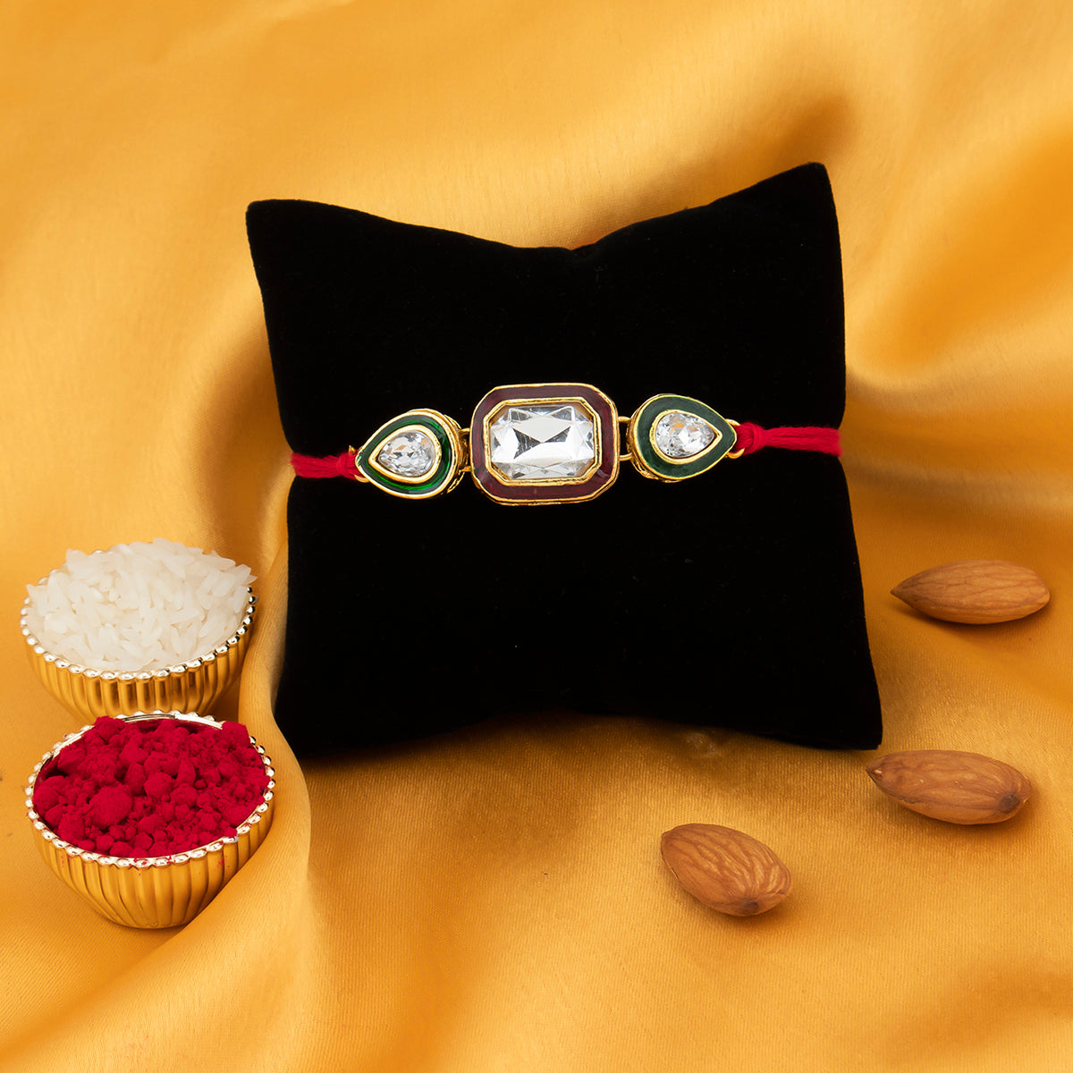 Sukkhi Ritzy Gold Plated Meenakari Rakhi with Roli Chawal and Raksha Bandhan Greeting Card For Men
