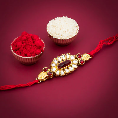 Sukkhi Marquise Gold Plated Floral Rakhi for brother with Roli Chawal and Raksha Bandhan Greeting Card For Men