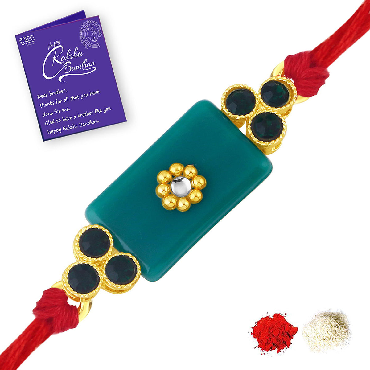 Sukkhi Pleasing Gold Plated Solid Rakhi with Roli Chawal and Raksha Bandhan Greeting Card For Men