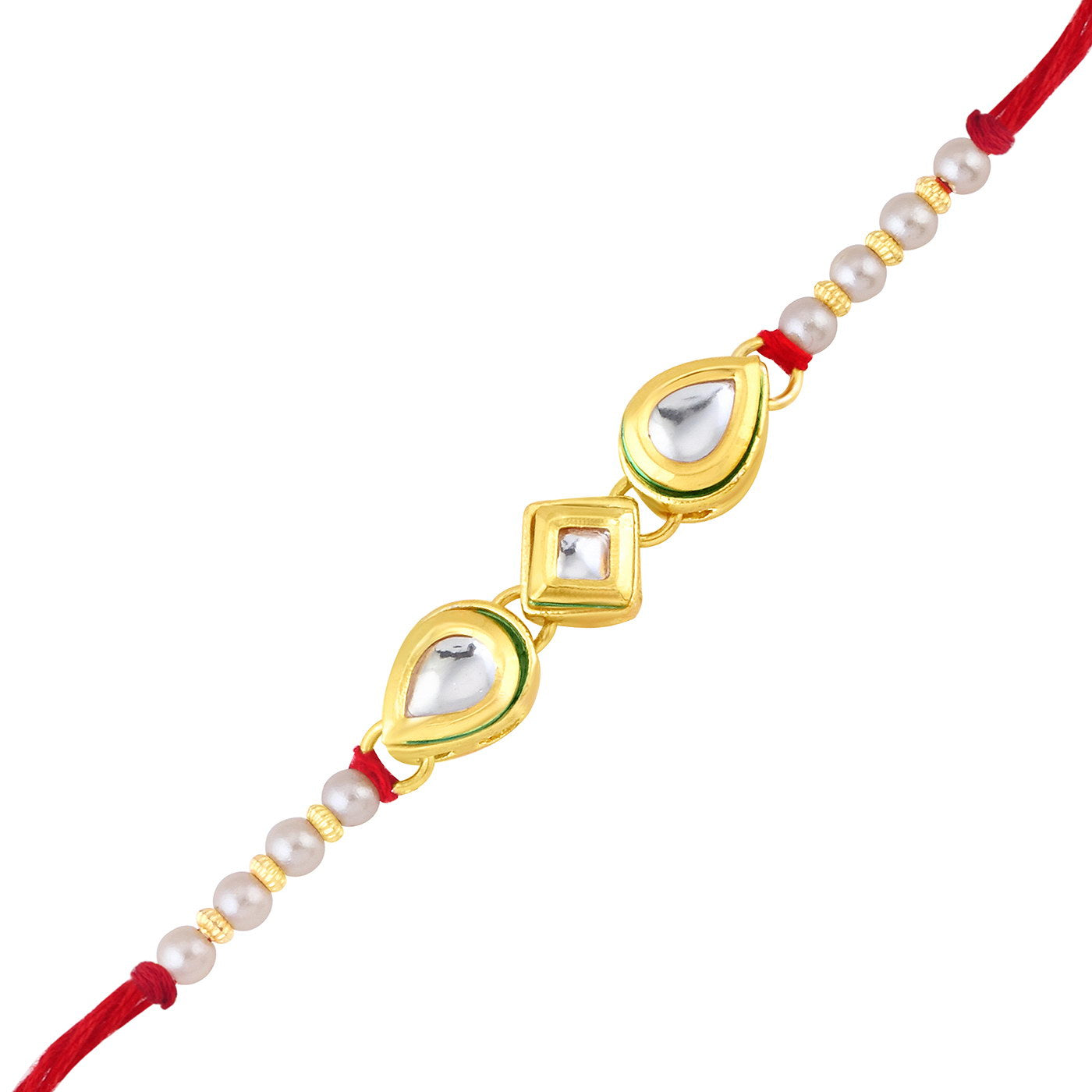 Sukkhi Finely Gold Plated Kundan and Pearl Rakhi with Roli Chawal and Raksha Bandhan Greeting Card For Men