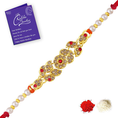 Sukkhi Divine Gold Plated Rakhi for Brother with Roli Chawal and Raksha Bandhan Greeting Card For Men