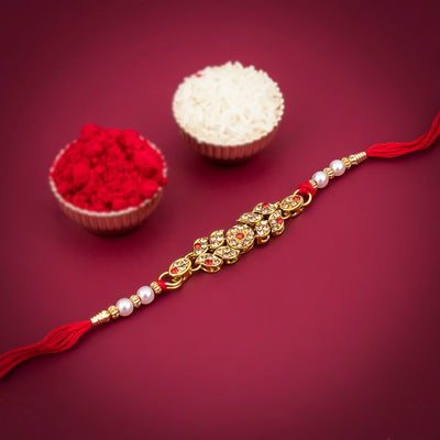 Sukkhi Divine Gold Plated Rakhi for Brother with Roli Chawal and Raksha Bandhan Greeting Card For Men