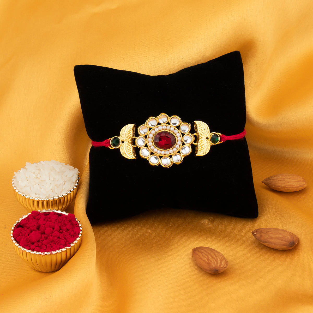 Sukkhi Sleek Gold Plated Floral Rakhi for brother with Roli Chawal and Raksha Bandhan Greeting Card For Men