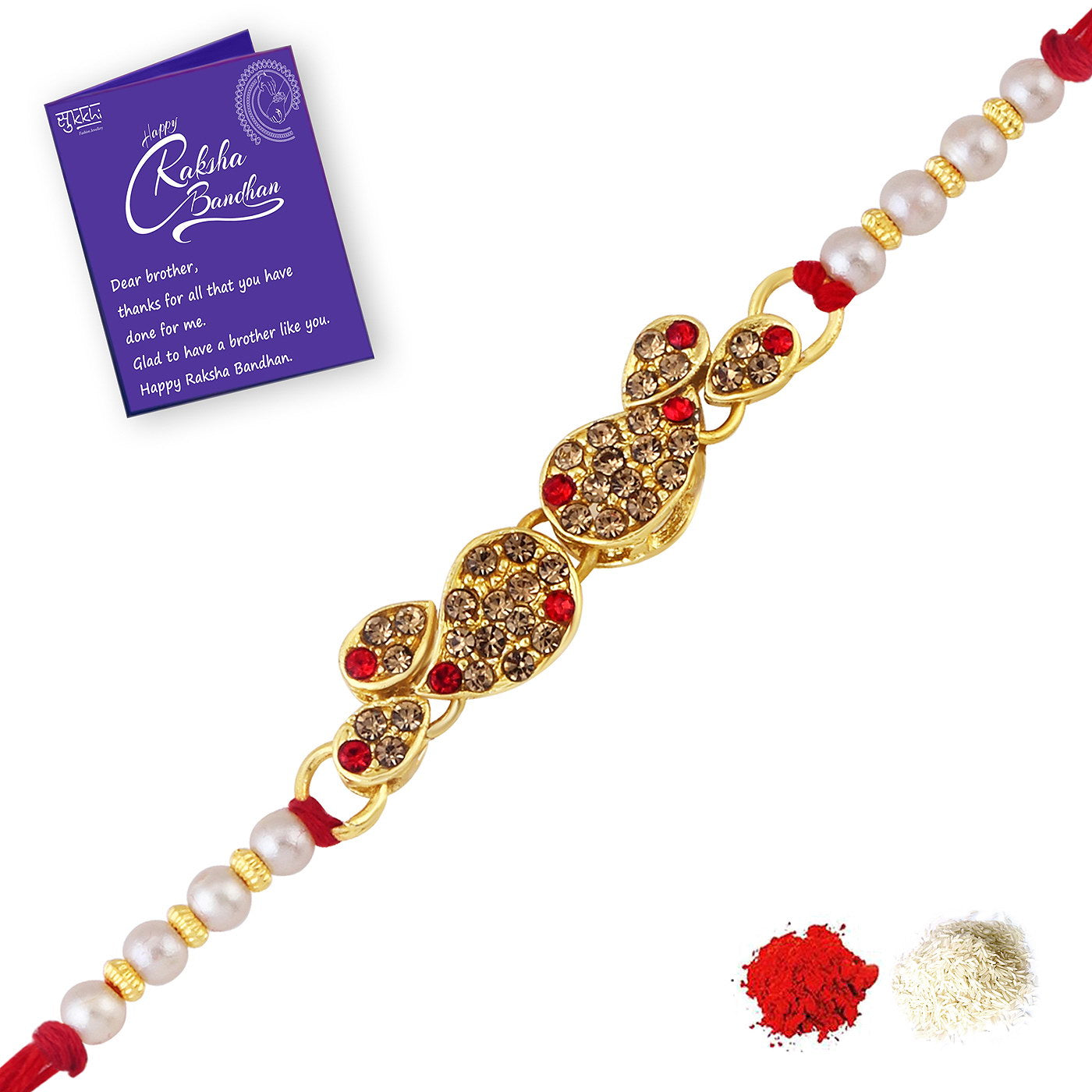 Sukkhi Spectacular Gold Plated LCT Stone Rakhi Combo (Set of 3) with Roli Chawal and Raksha Bandhan Greeting Card For Men