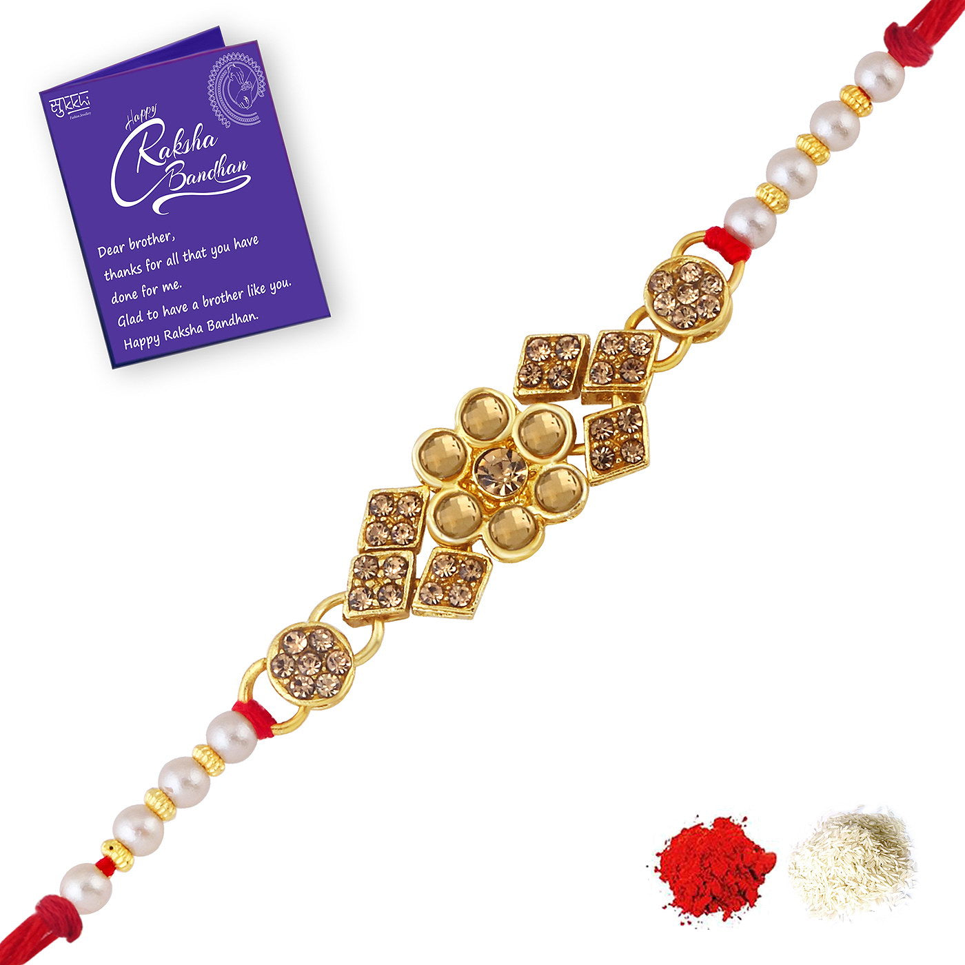 Sukkhi Awesome Gold Plated LCT Stone Rakhi Combo (Set of 3) with Roli Chawal and Raksha Bandhan Greeting Card For Men