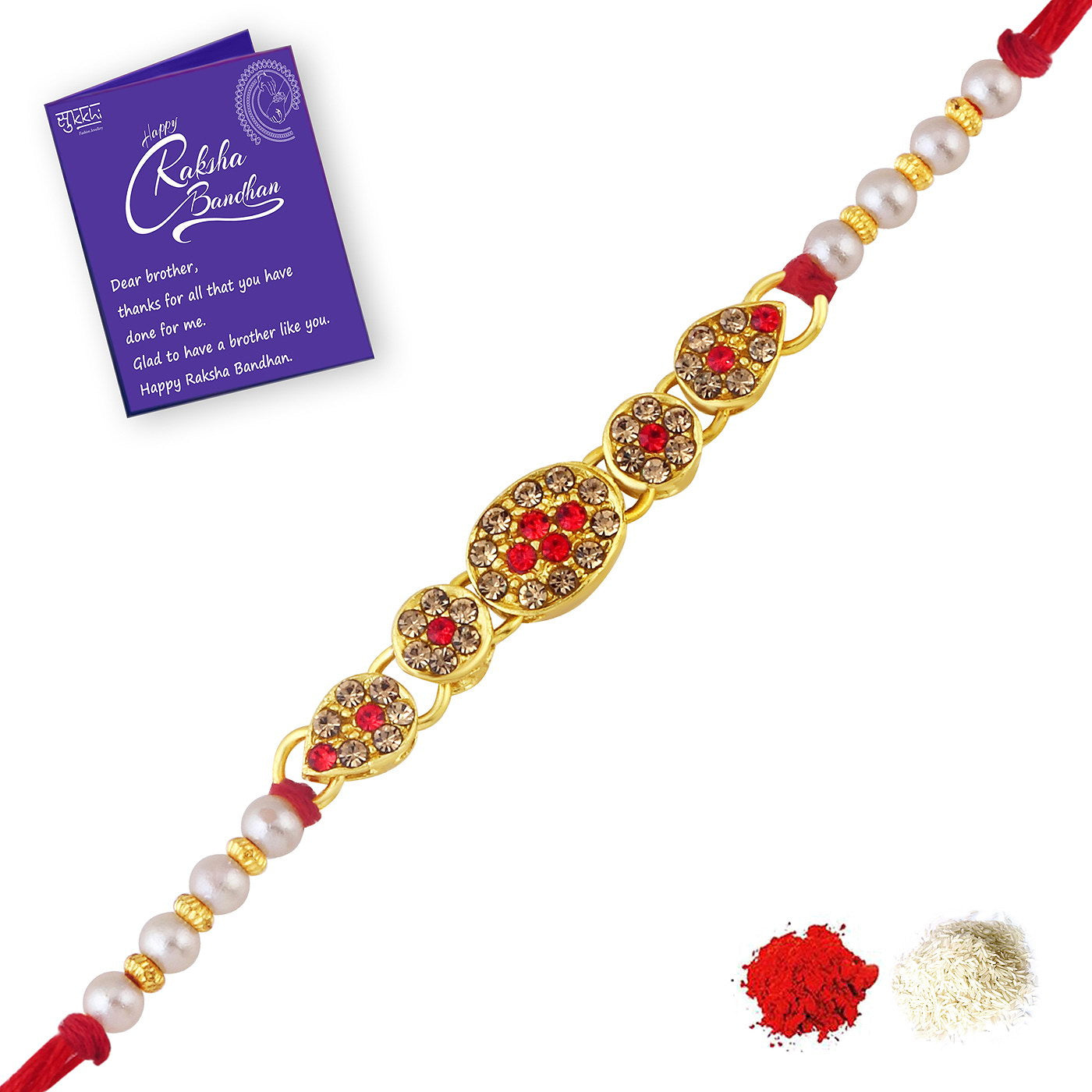 Sukkhi Spectacular Gold Plated LCT Stone Rakhi Combo (Set of 3) with Roli Chawal and Raksha Bandhan Greeting Card For Men