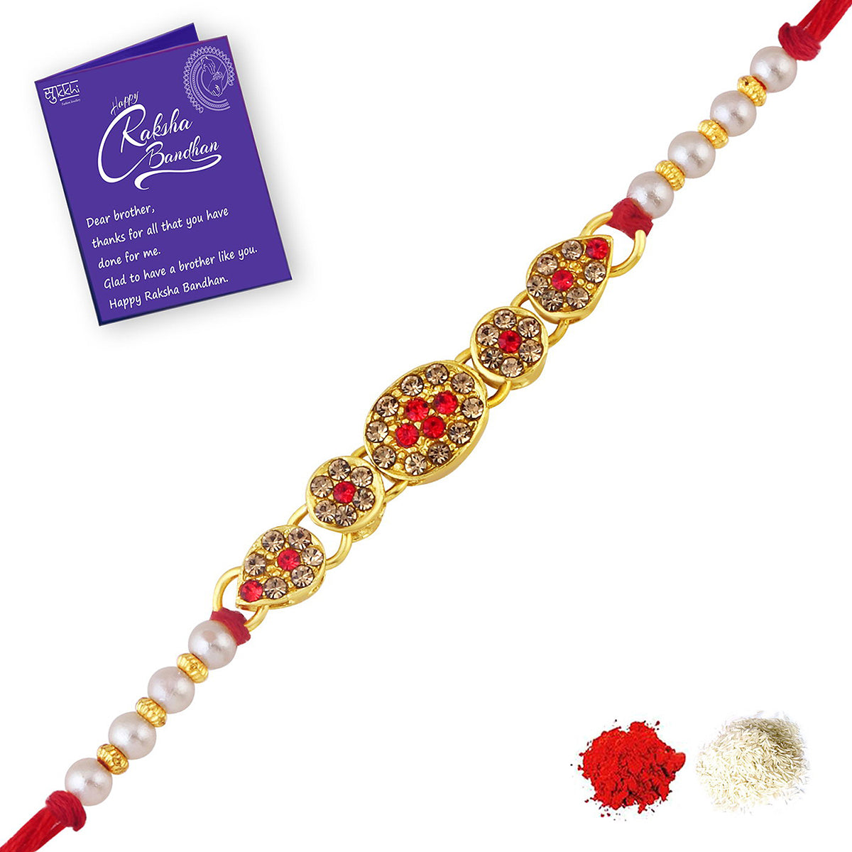 Sukkhi Graceful Gold Plated Rakhi with Roli Chawal and Raksha Bandhan Greeting Card For Men