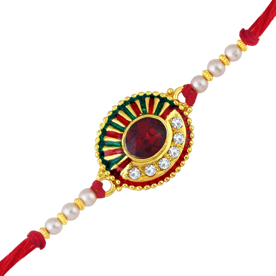 Sukkhi Dazzling Gold Plated Round Meenakari Rakhi with Roli chawal and Greeting Card