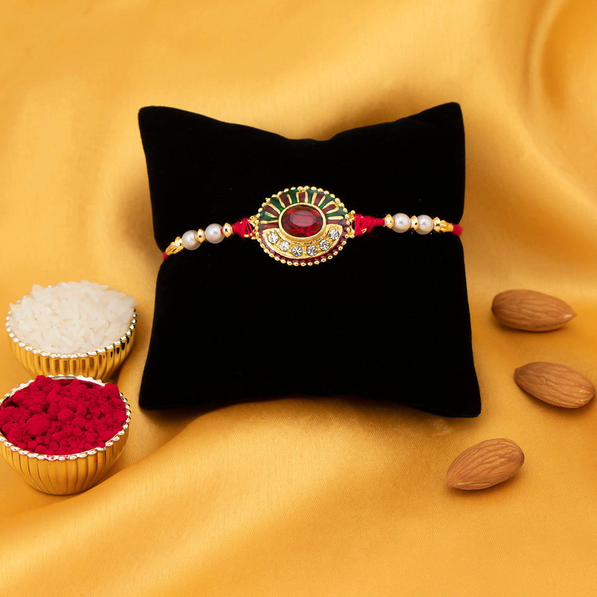 Sukkhi Dazzling Gold Plated Round Meenakari Rakhi with Roli Chawal and Raksha Bandhan Greeting Card For Men
