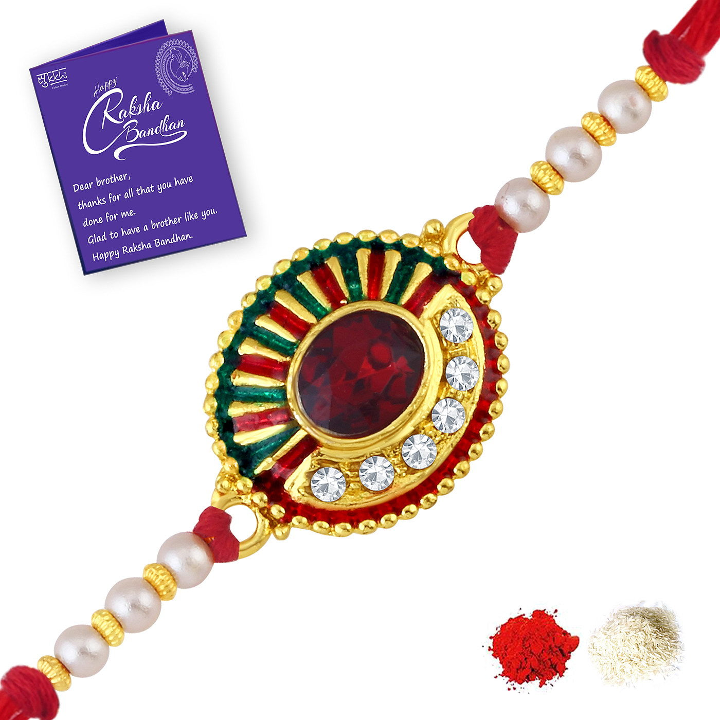 Sukkhi Traditional Gold Plated Kundan Meenakari Rakhi Combo (Set of 3) with Roli Chawal and Raksha Bandhan Greeting Card For Men