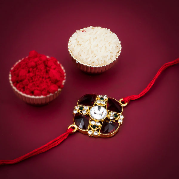 Round Rakhi Gold Sukkhi Classic Gold Plated Round Red Rakhi with Roli Chawal and Raksha ...