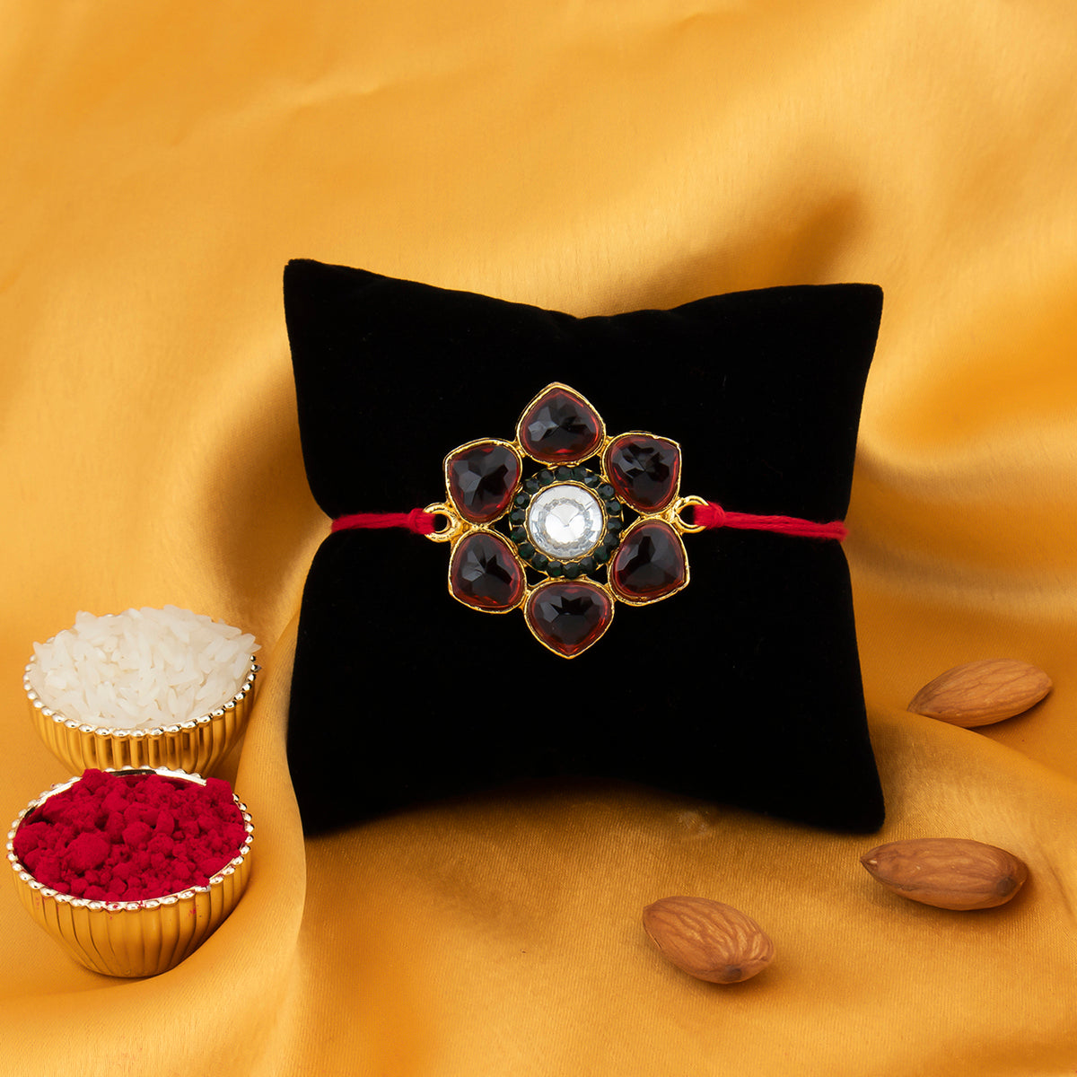 Sukkhi Alluring Gold Plated Floral Rakhi with Roli Chawal and Raksha Bandhan Greeting Card For Men