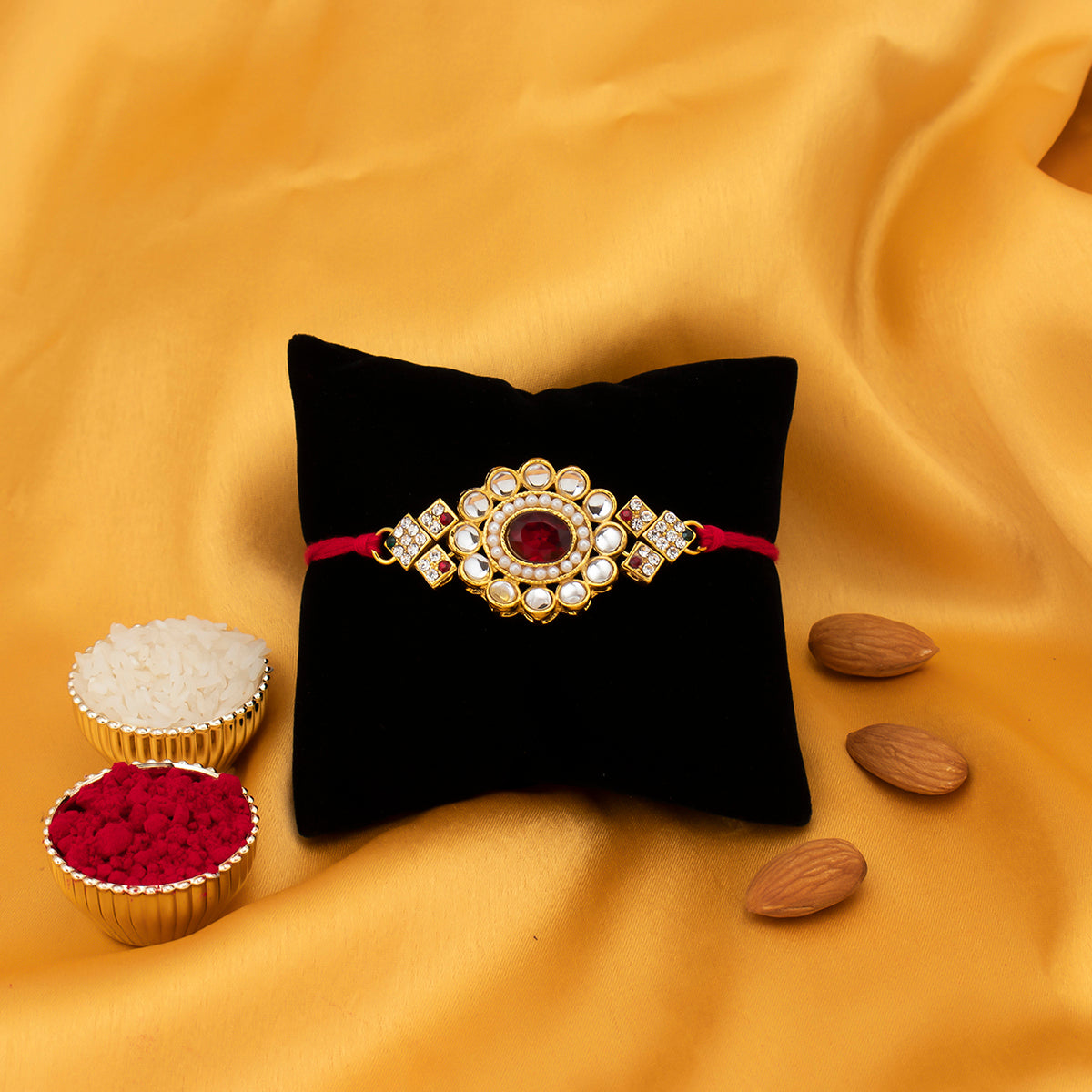 Sukkhi Sobar Gold Plated Kundan Floral Rakhi with Roli Chawal and Raksha Bandhan Greeting Card For Men