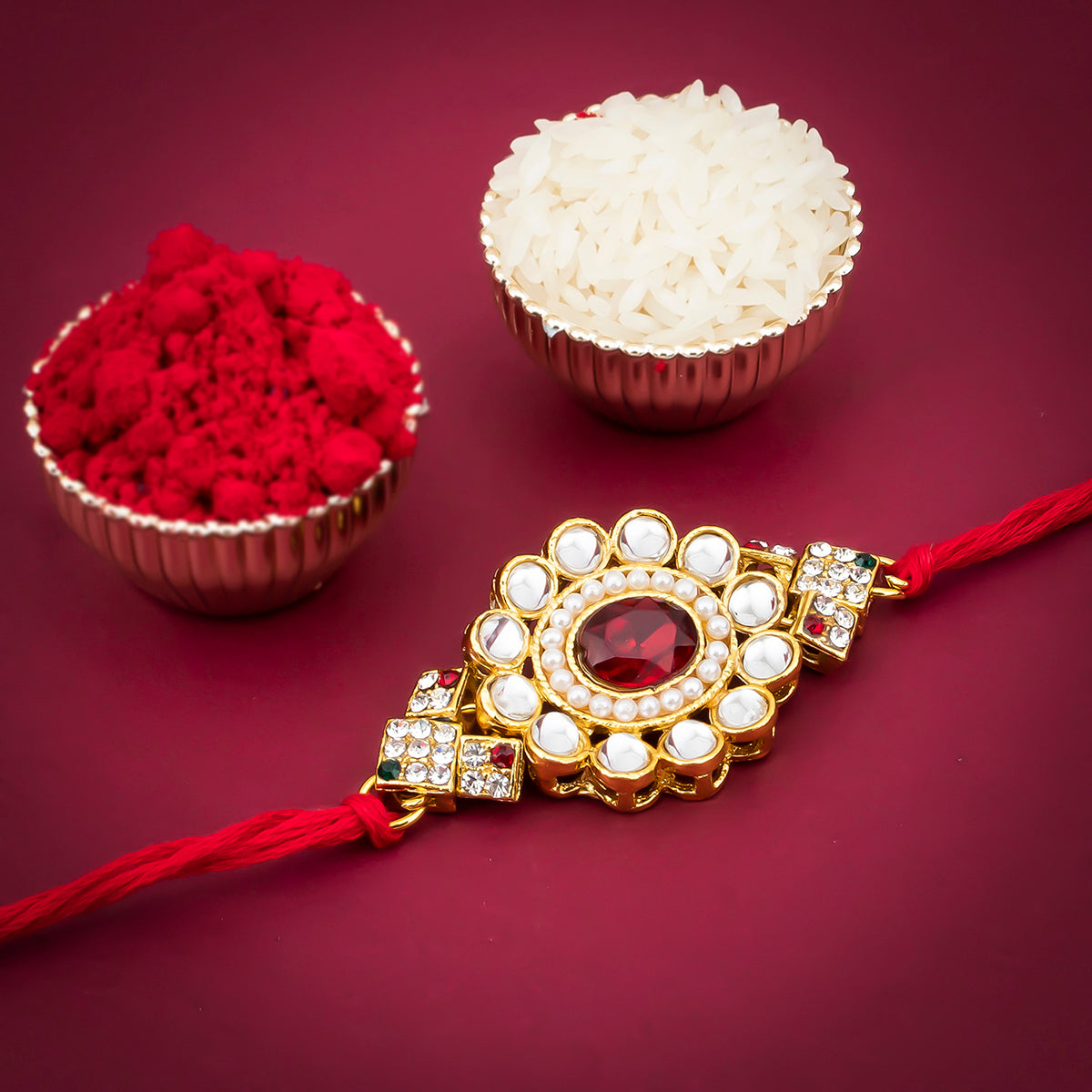 Sukkhi Sobar Gold Plated Kundan Floral Rakhi with Roli Chawal and Raksha Bandhan Greeting Card For Men
