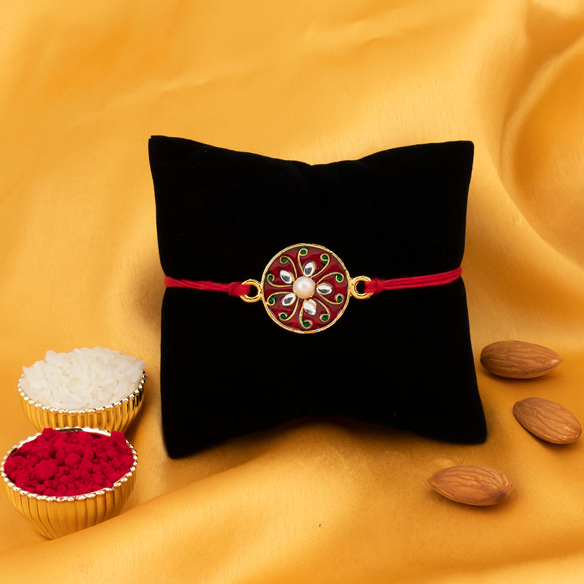Sukkhi Gorgeous Meenakari Gold Plated Round Rakhi with Roli Chawal and Raksha Bandhan Greeting Card For Men
