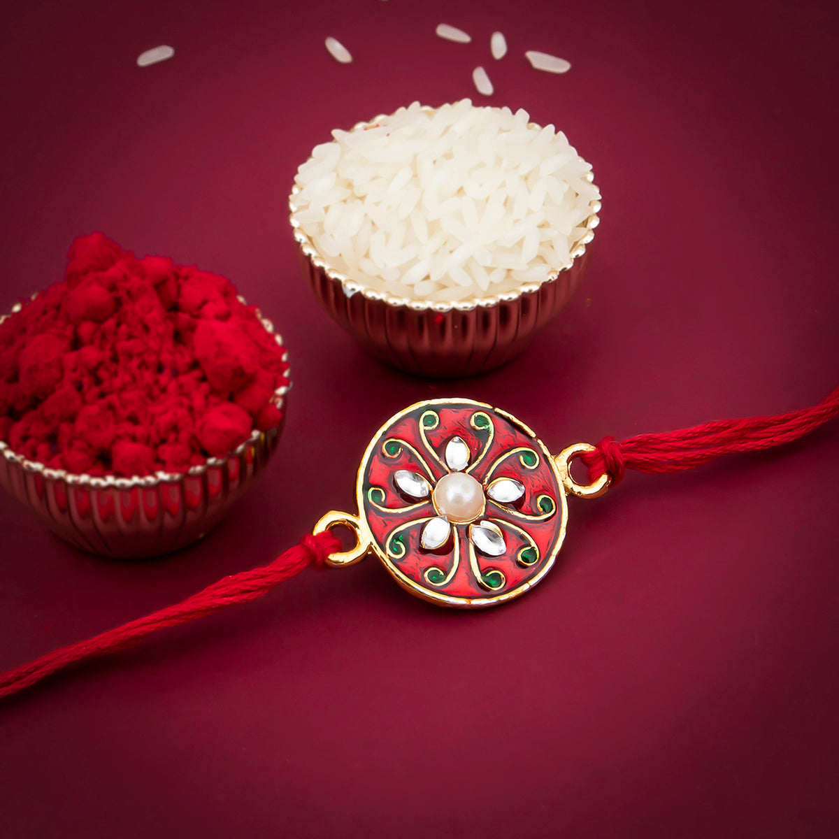 Sukkhi Gorgeous Meenakari Gold Plated Round Rakhi with Roli Chawal and Raksha Bandhan Greeting Card For Men