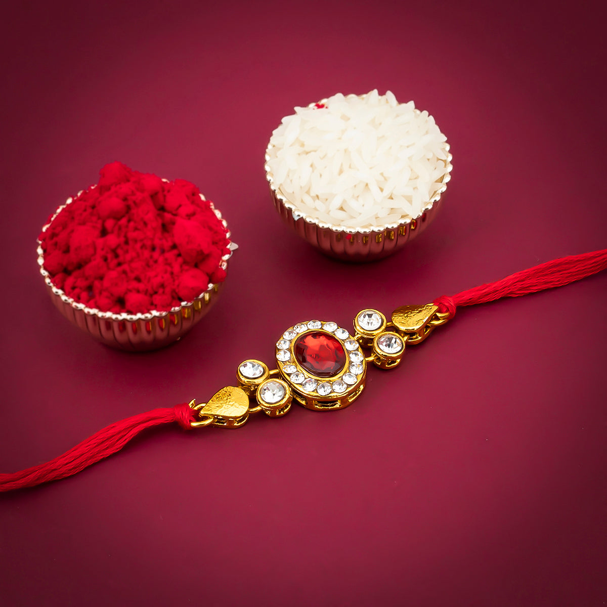 Sukkhi Sparkling Gold Plated Kundan Rakhi with Roli Chawal and Raksha Bandhan Greeting Card For Men