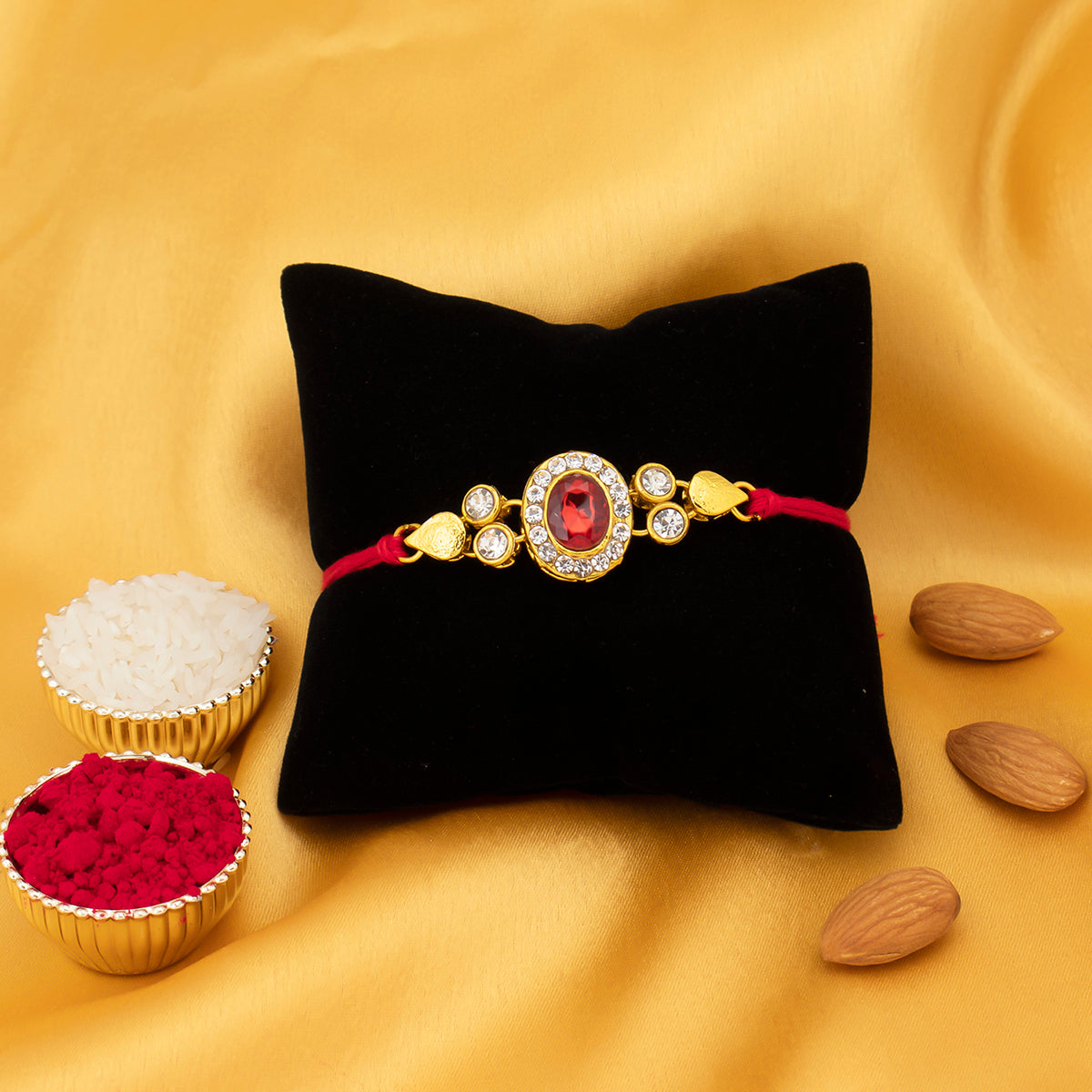 Sukkhi Sparkling Gold Plated Kundan Rakhi with Roli Chawal and Raksha Bandhan Greeting Card For Men